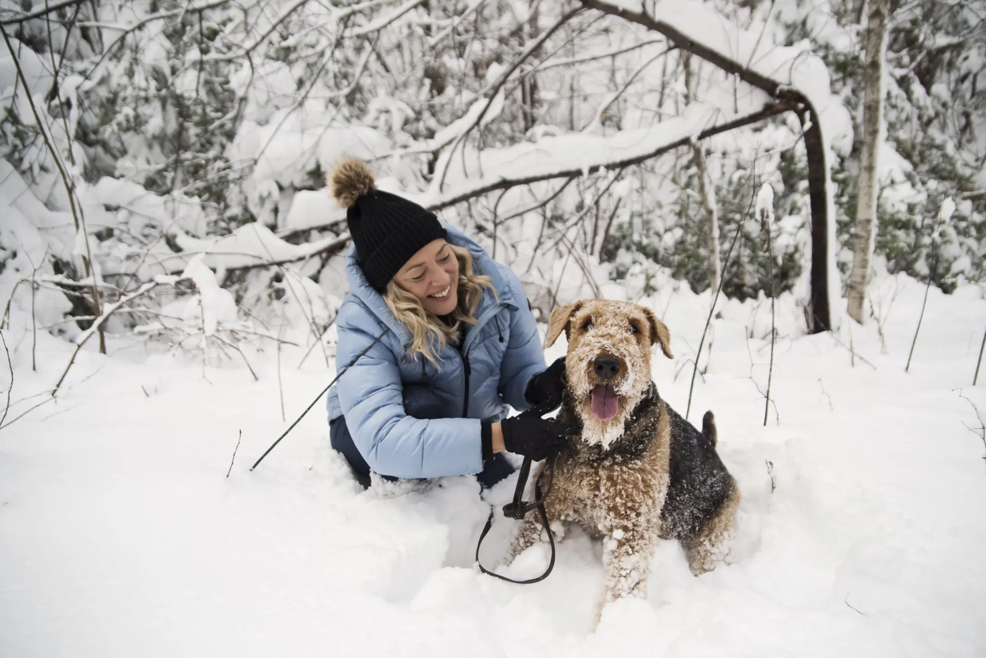 Une femme et son chien dans la neige